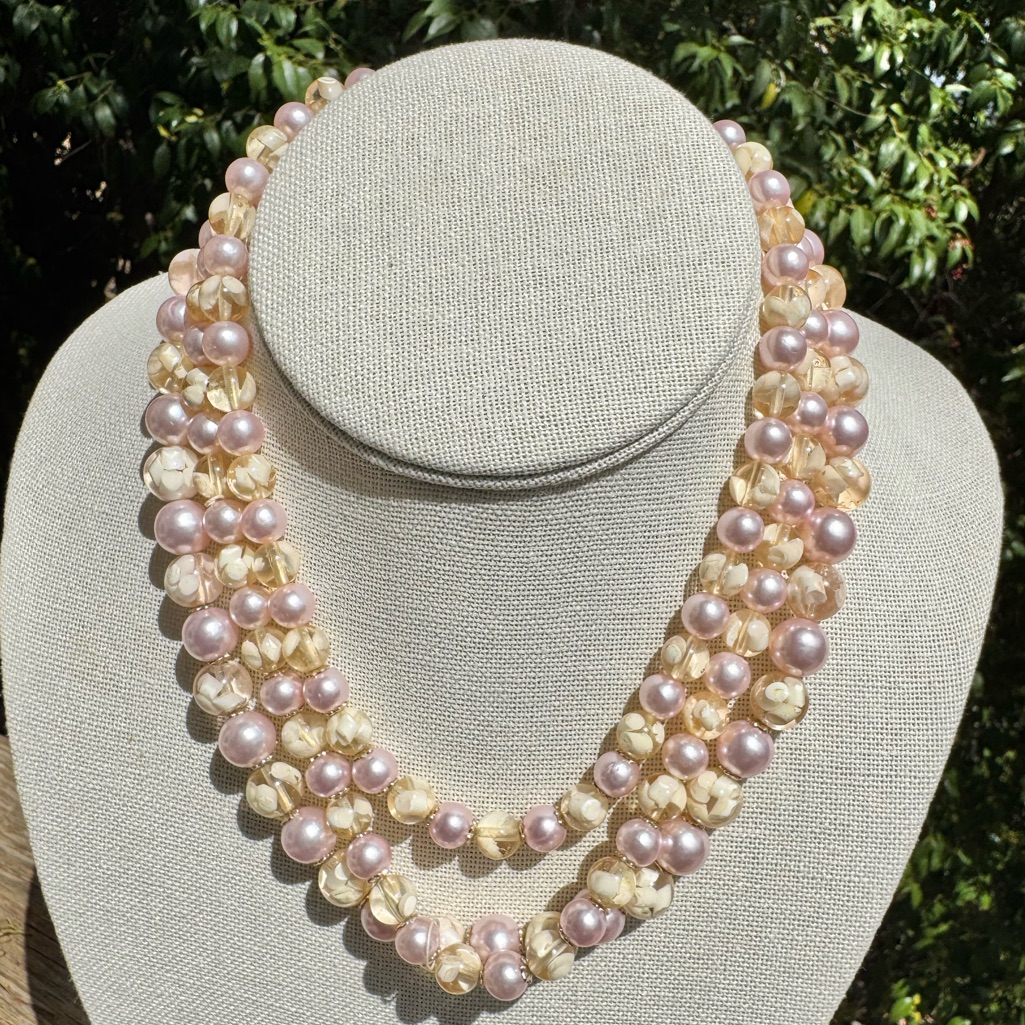 Vintage Japan Pink & Cream 3-Strand Beaded Necklace Mid-Century Pearlescent